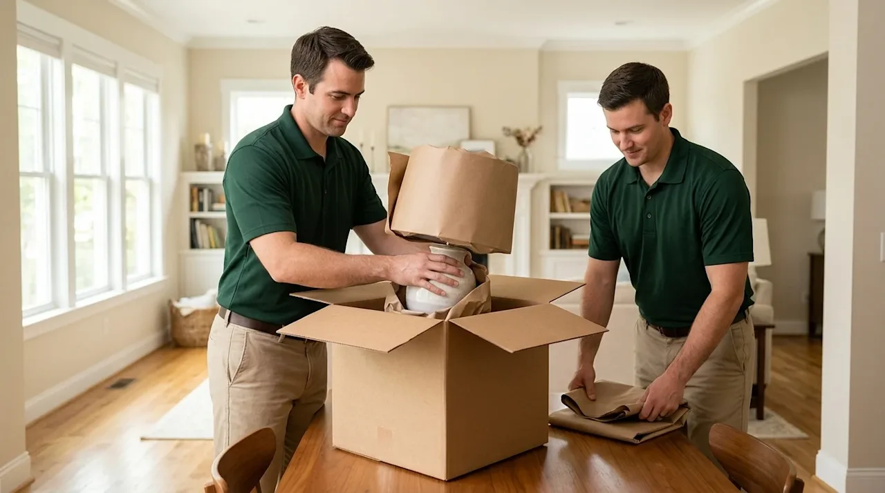Professional marketing photography of two friendly, experienced packers carefully wrapping a delicate ceramic table lamp with