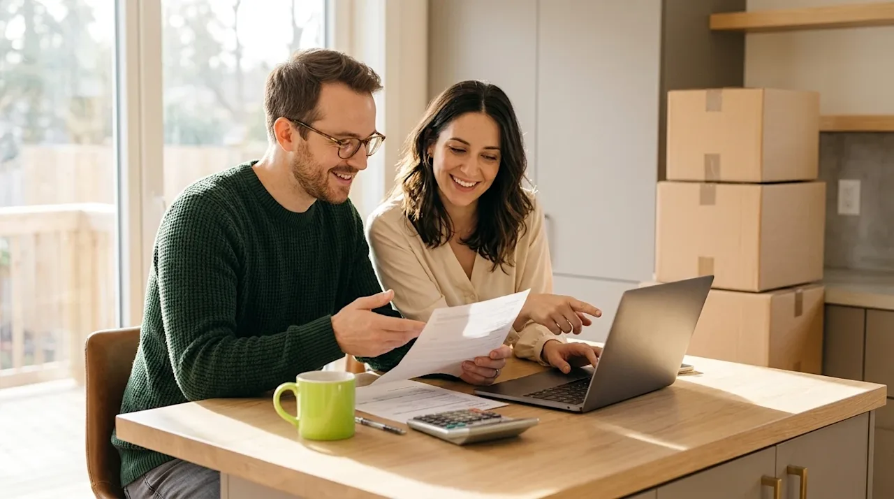 High-quality, candid lifestyle photography of a smiling couple sitting at a sunlit kitchen island in their new home, comforta