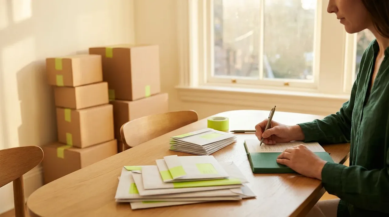 Person updating their address on a checklist next to mail and moving boxes in a bright, organized room.