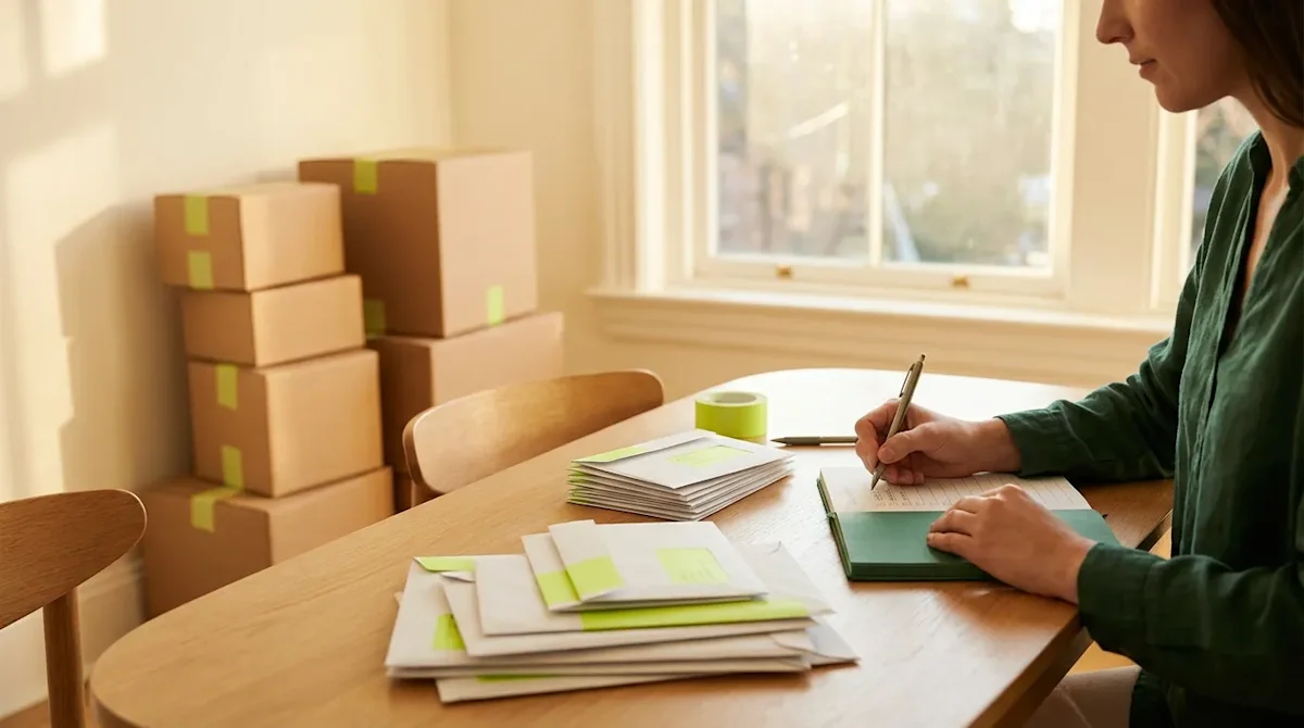 Person updating their address on a checklist next to mail and moving boxes in a bright, organized room.