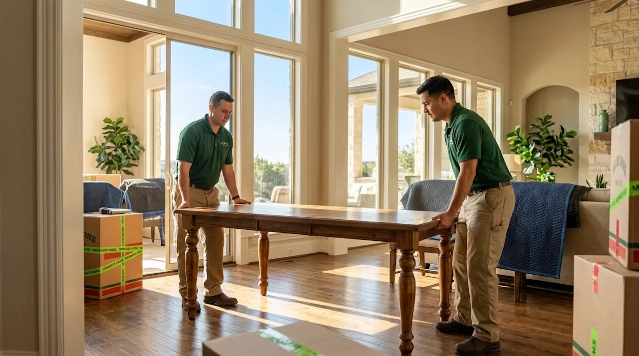 Clear, professional marketing photography of a typical daily routine for San Antonio moving professionals. Two movers wearing