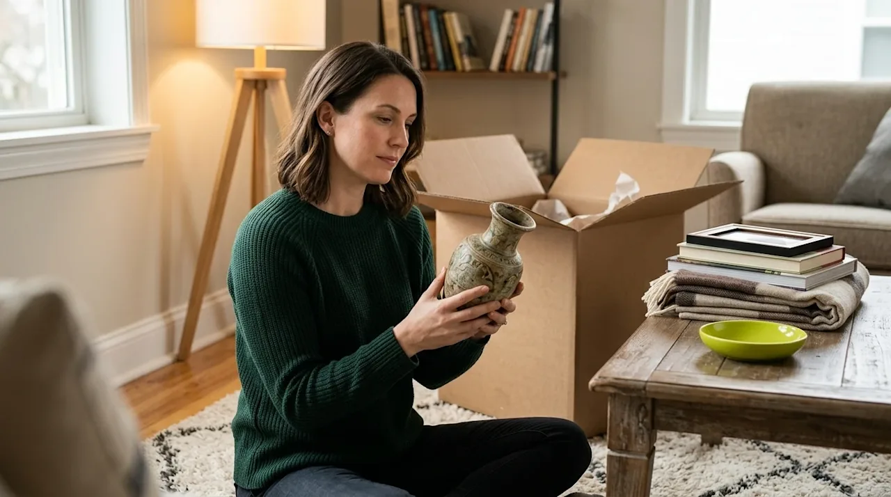 Clear, professional marketing photography of a thoughtful woman sitting on a cozy rug in a warmly lit living room, holding a