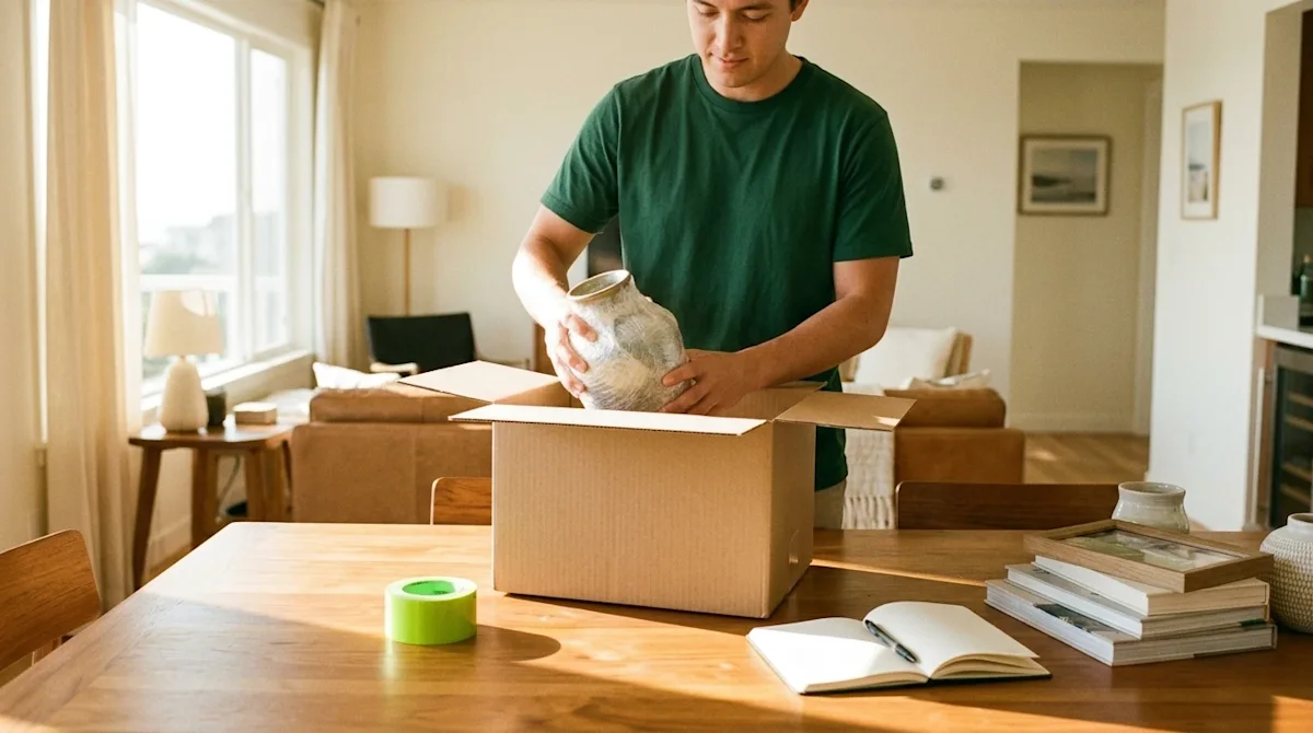A candid lifestyle photograph of a person neatly organizing and packing belongings into a crisp cardboard moving box in a sun