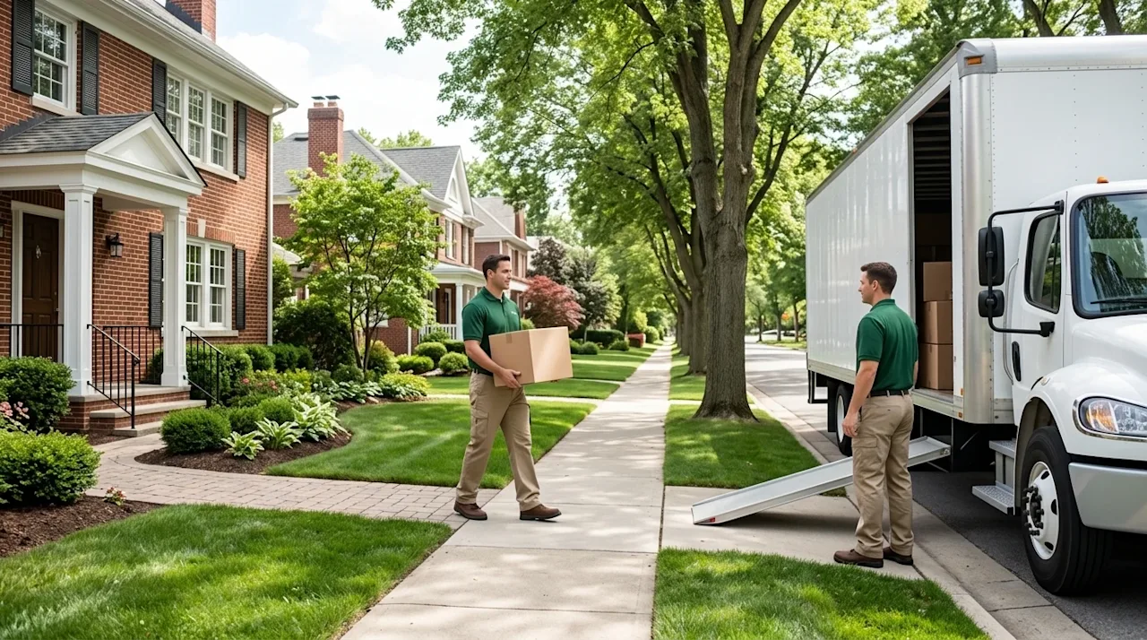 High-end commercial photography of a stress-free long-distance residential move. Two professional movers in clean, matching s