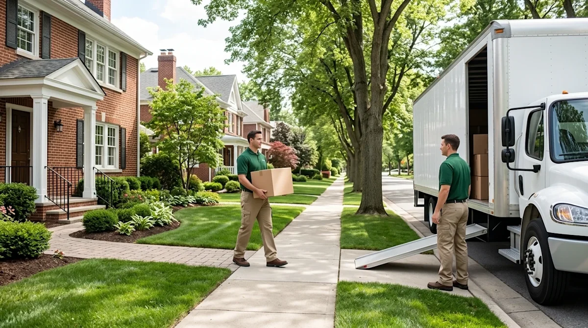 High-end commercial photography of a stress-free long-distance residential move. Two professional movers in clean, matching s