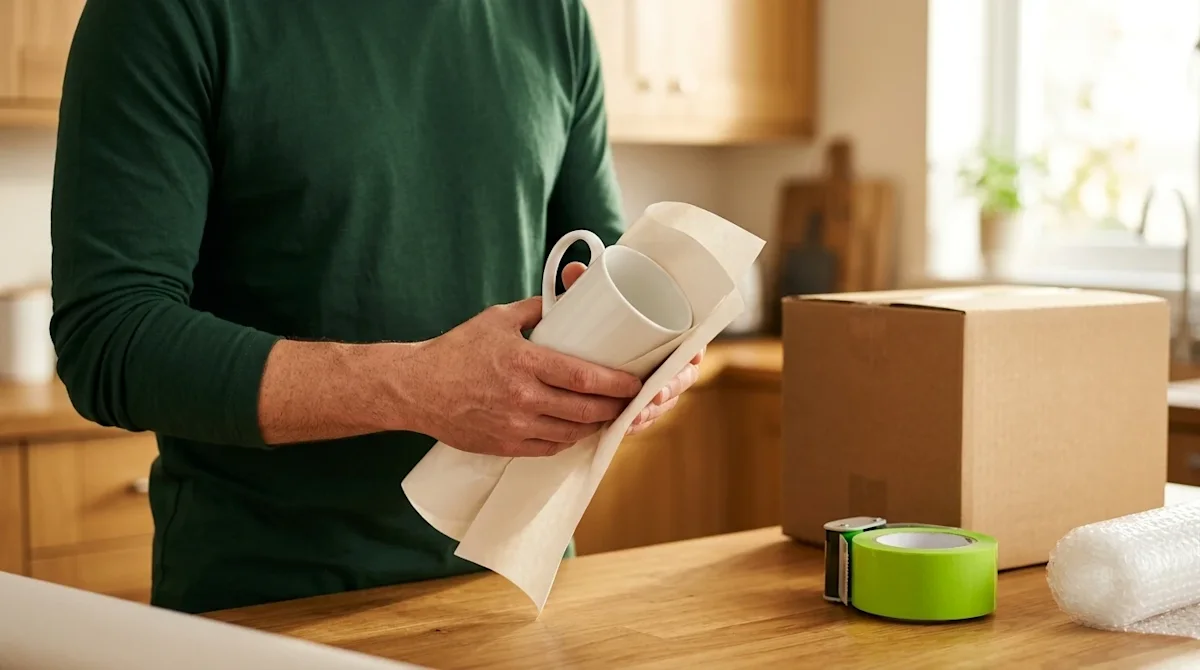 Clear, professional marketing photography, hero image for a blog about packing tips. A warm, well-lit domestic kitchen settin