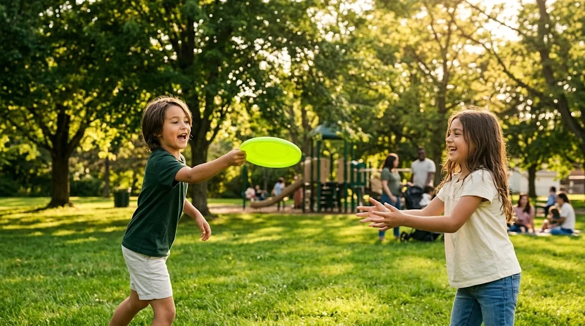 Professional marketing photography of two joyful children playing in a sunny, vibrant suburban park. One child is throwing a
