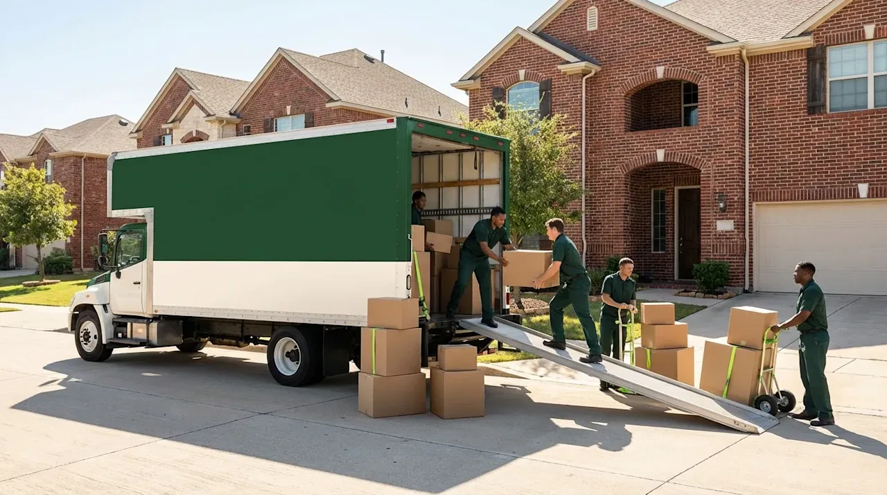 Professional movers loading a green and cream truck in a suburban Denton, Texas neighborhood with red brick homes.