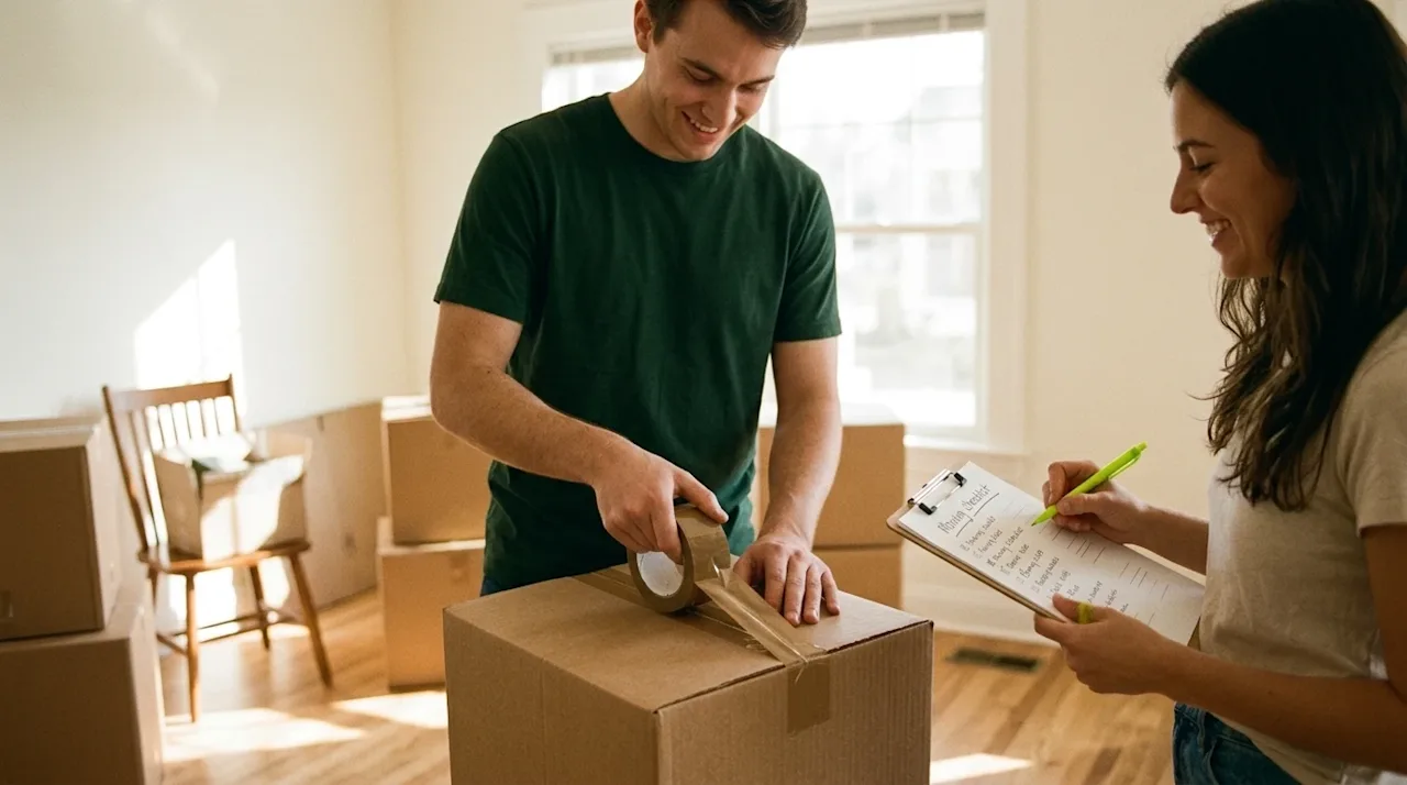 A candid, lifestyle 35mm film photography shot representing useful moving tips. A smiling young couple is organizing their pa