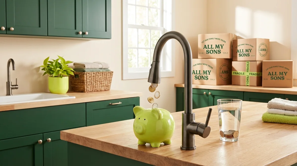 Faucet pouring coins into a piggy bank in a kitchen with All My Sons moving boxes, illustrating money-saving moving tips.
