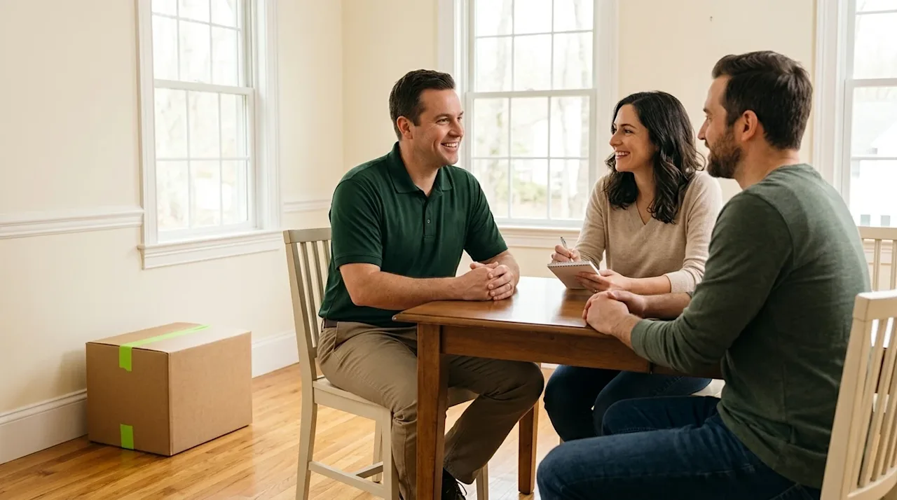 Clear and professional marketing photography of a friendly moving consultant wearing a dark forest green polo shirt, having a