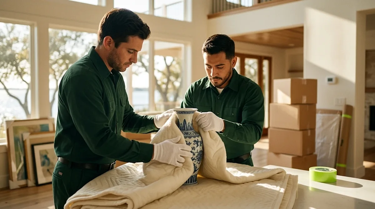A photorealistic lifestyle photography shot of a premium "white-glove" moving service in action inside a luxurious, sunlit co