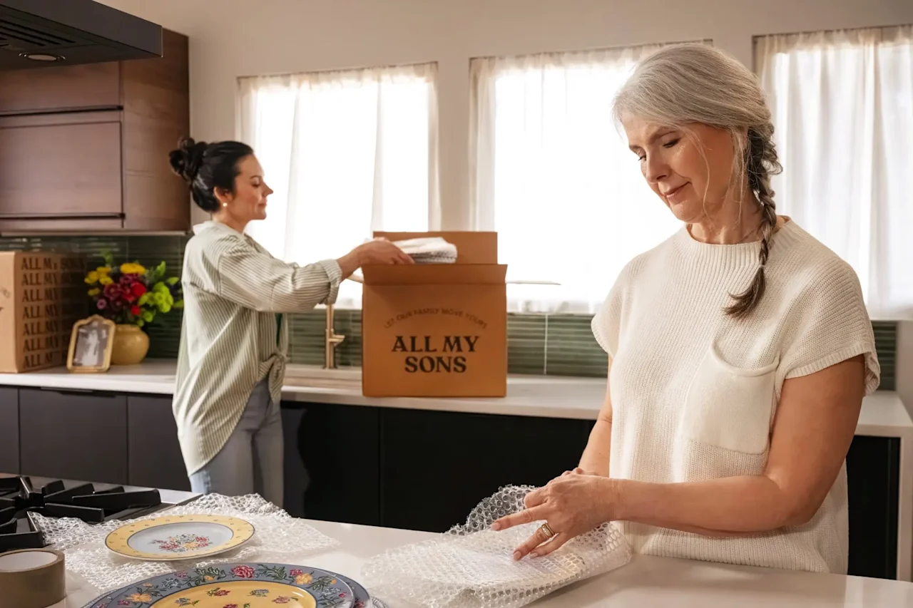 A senior mover and her daughter pack their kitchen for their All My Sons-supported DIY move.