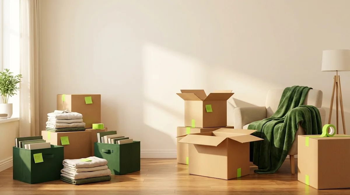 Organized living room with cardboard boxes and green storage bins ready for a professional home move.