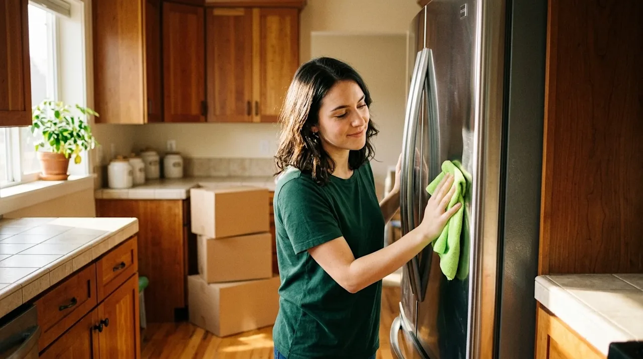 Authentic lifestyle photography of a person deep cleaning a stainless steel refrigerator in a warmly lit, welcoming kitchen,