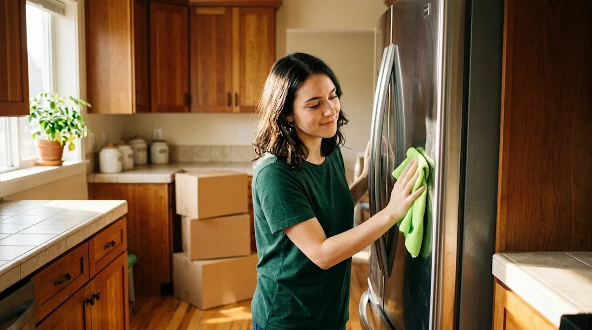 Authentic lifestyle photography of a person deep cleaning a stainless steel refrigerator in a warmly lit, welcoming kitchen,