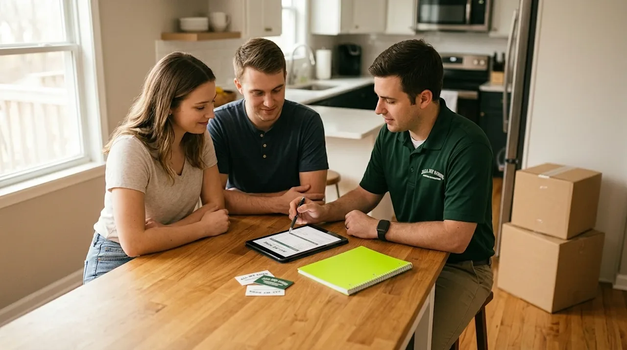 A warm, authentic candid lifestyle photograph of a couple and a professional moving estimator sitting around a kitchen island