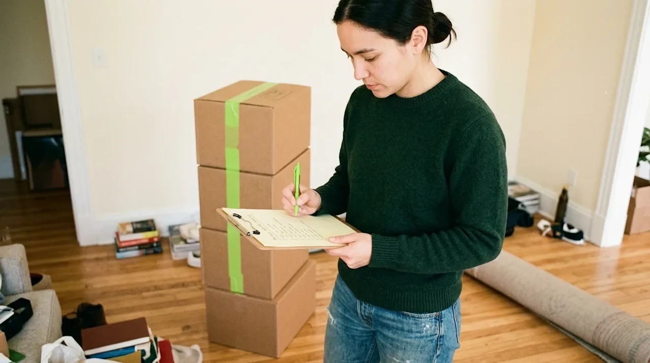 Candid lifestyle photography of a focused person standing in a partially packed living room, looking thoughtfully at a handwr