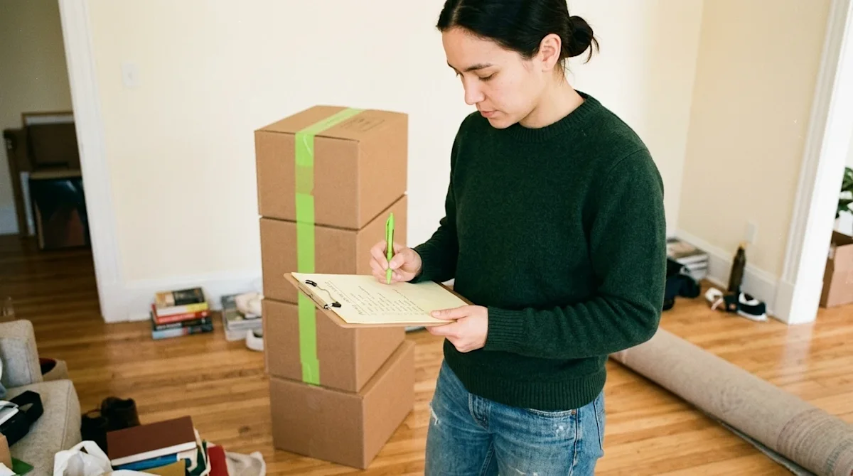 Candid lifestyle photography of a focused person standing in a partially packed living room, looking thoughtfully at a handwr