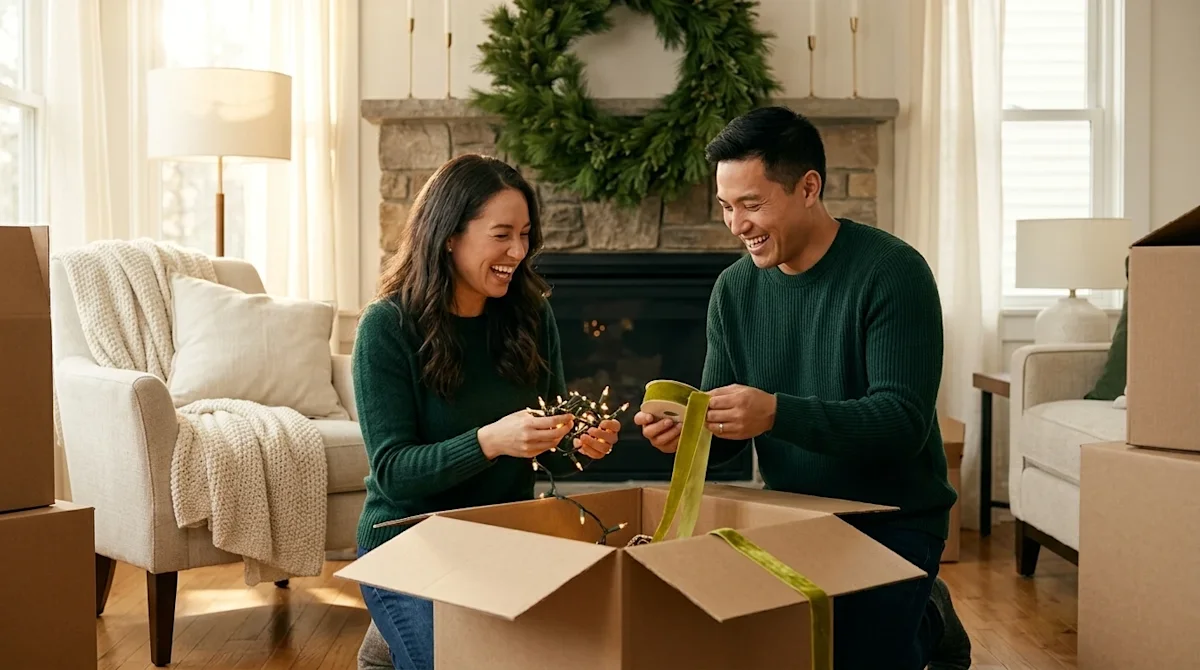 Professional marketing photography of a cozy, welcoming living room being decorated for the holidays after a recent move. A h
