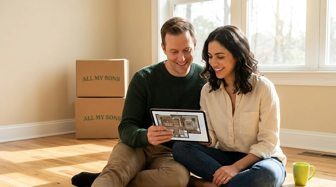 Professional marketing photography of a happy couple sitting on the polished hardwood floor of their bright, sunlit new home.