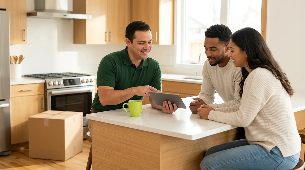 Professional marketing photography of a friendly moving consultant in a solid dark forest green polo shirt sitting at a brigh