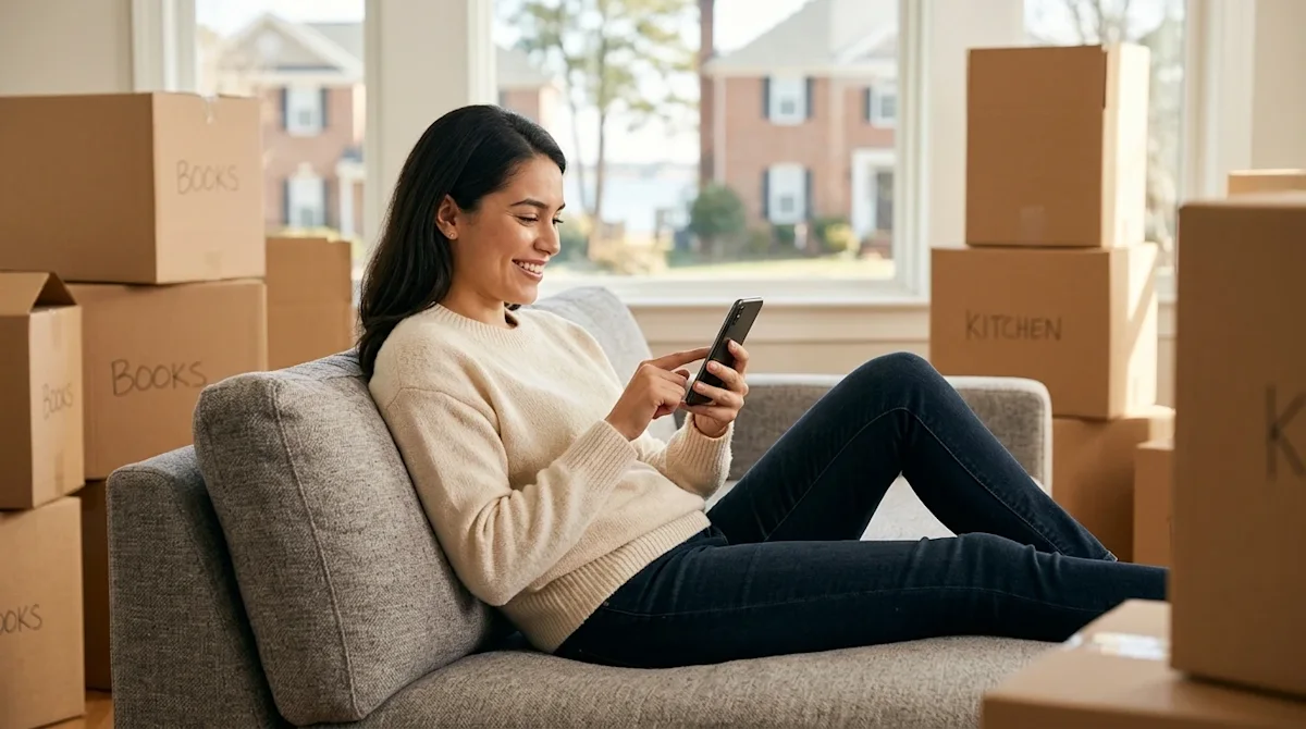 Professional lifestyle photography of a cheerful person sitting comfortably on a modern sofa in a bright living room, surroun