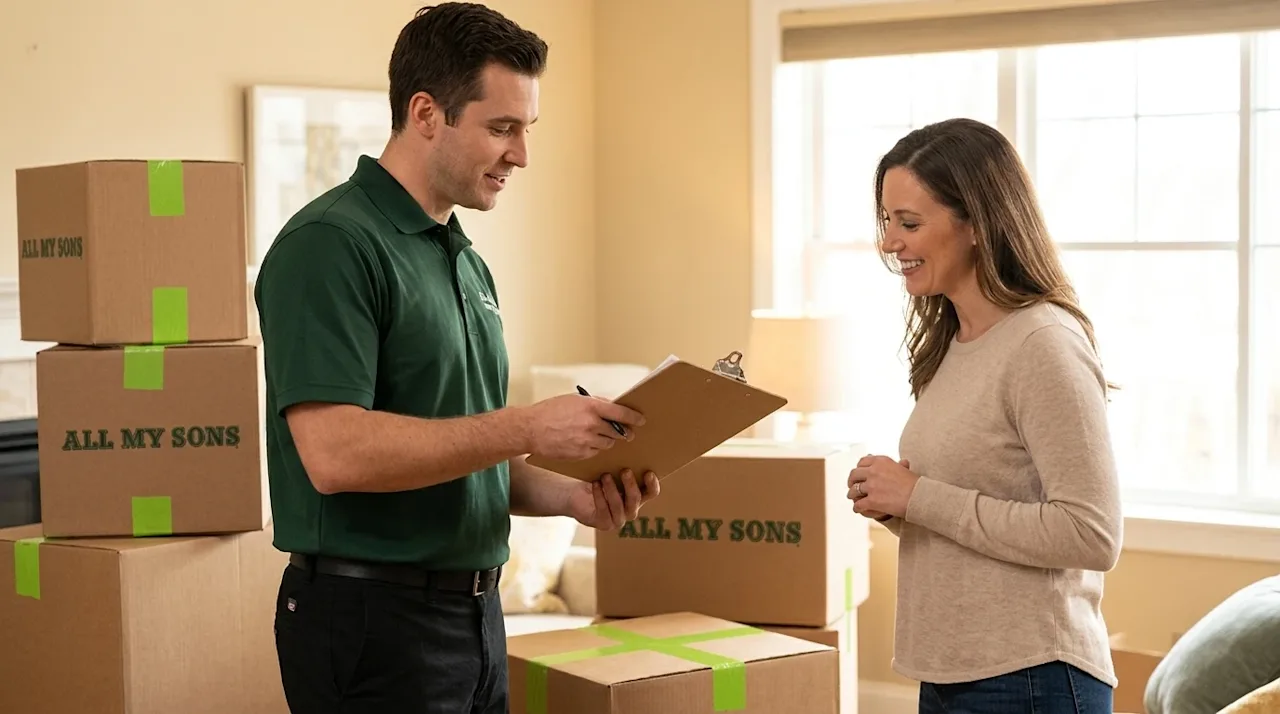 A candid lifestyle photograph of a friendly professional mover in a deep forest green polo shirt explaining a moving document