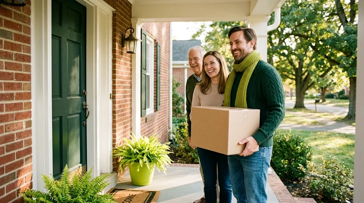 A candid, high-quality lifestyle photograph capturing a stress-free move to the charming, tree-lined suburbs of Wilmore, Kentucky.