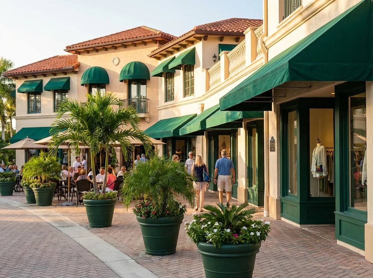 Shoppers walking past upscale boutiques and outdoor dining patios at St. Armands Circle in Sarasota, FL.