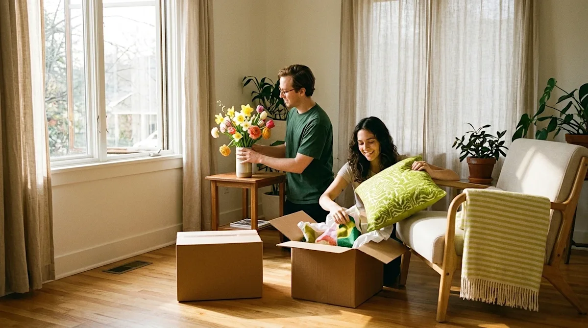 A candid, authentic lifestyle photograph of a young couple freshening up a bright, airy living room for spring, shot in a war