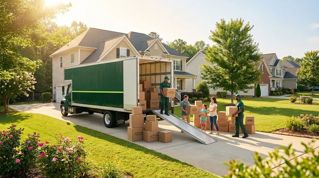 Professional moving day in Alabaster, Alabama with a green truck, movers, and a family in a sunny suburban driveway.