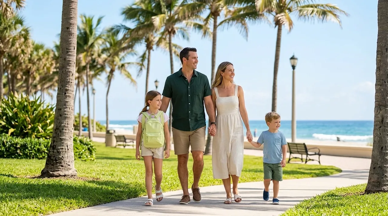 Clear and professional marketing photography of a happy, relaxed family of four exploring a sunny, palm-tree-lined coastal pa