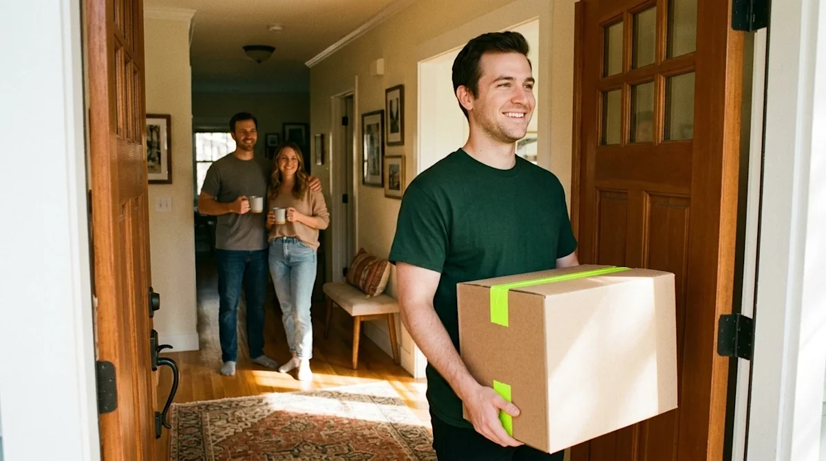 Candid lifestyle photography of a friendly professional mover wearing a dark forest green t-shirt, easily carrying a neat car
