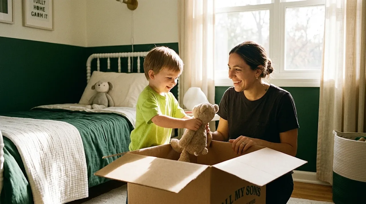 Clear, professional marketing photography of a smiling parent and a young child cheerfully packing a single cardboard moving