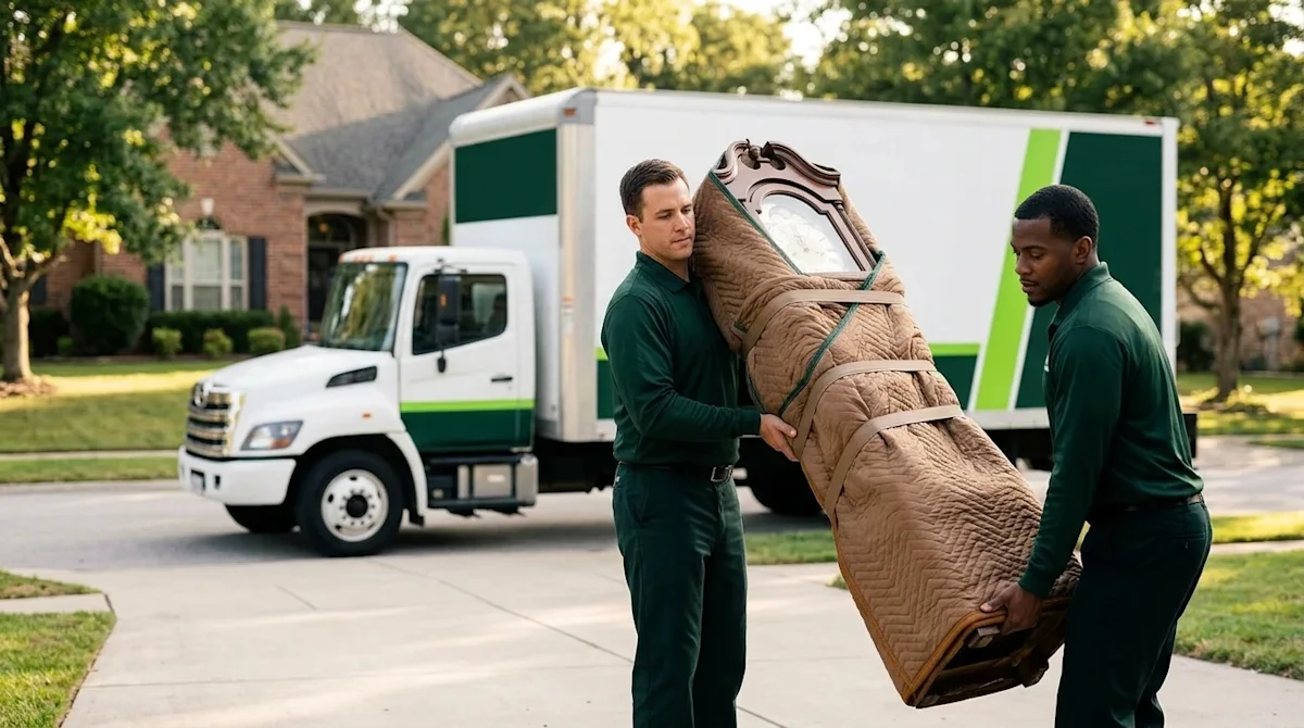 High-quality commercial photography of two professional movers carefully carrying a large, fragile specialty item—an antique