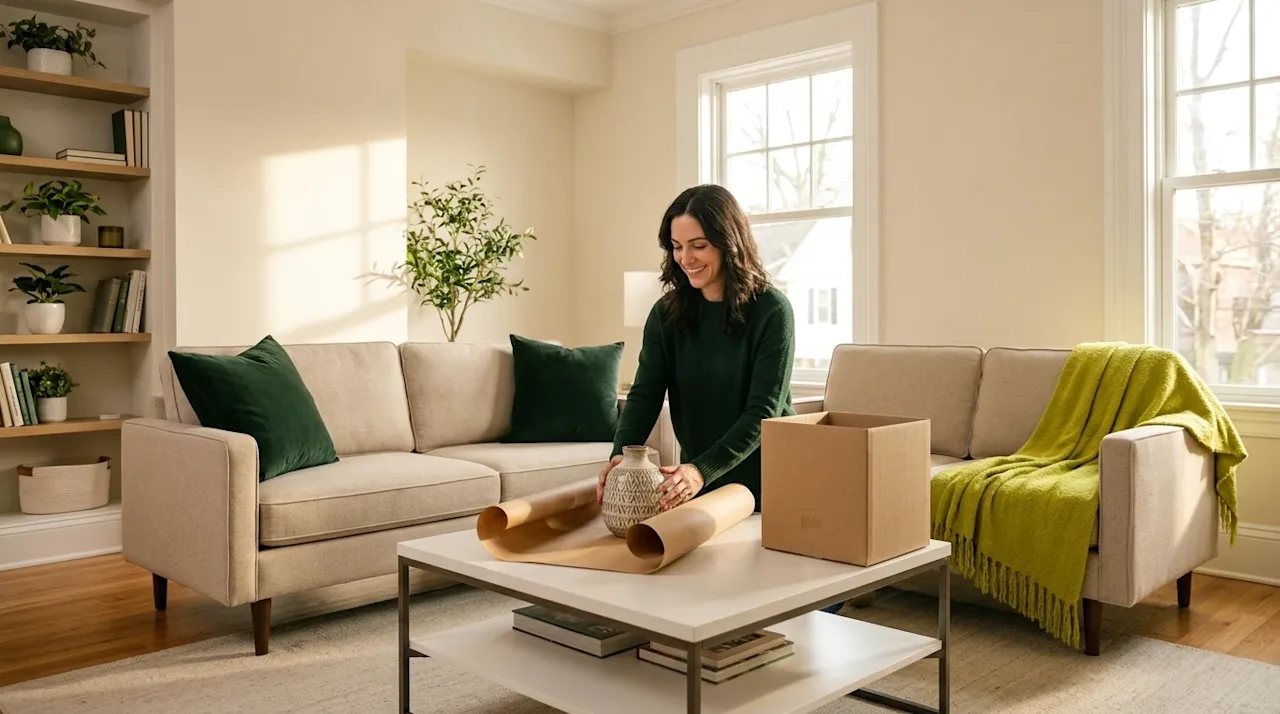 Professional marketing photography, candid lifestyle shot. A bright, immaculate, and beautifully styled living room perfectly