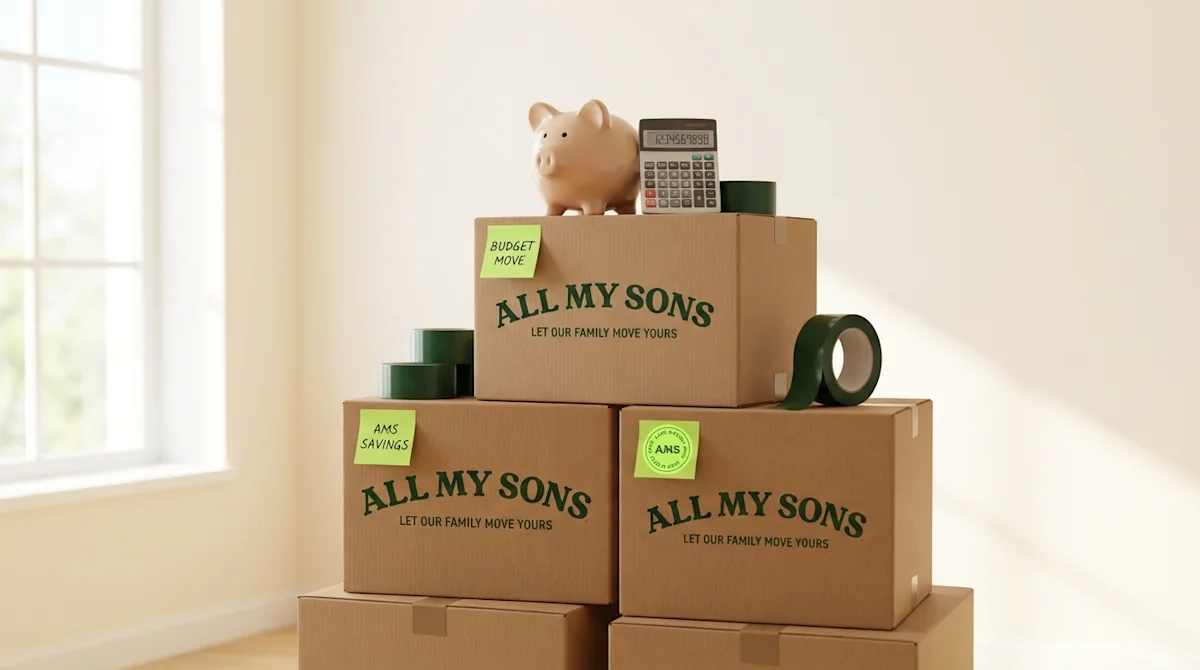 All My Sons moving boxes with a piggy bank and calculator, representing budget-friendly moving services.