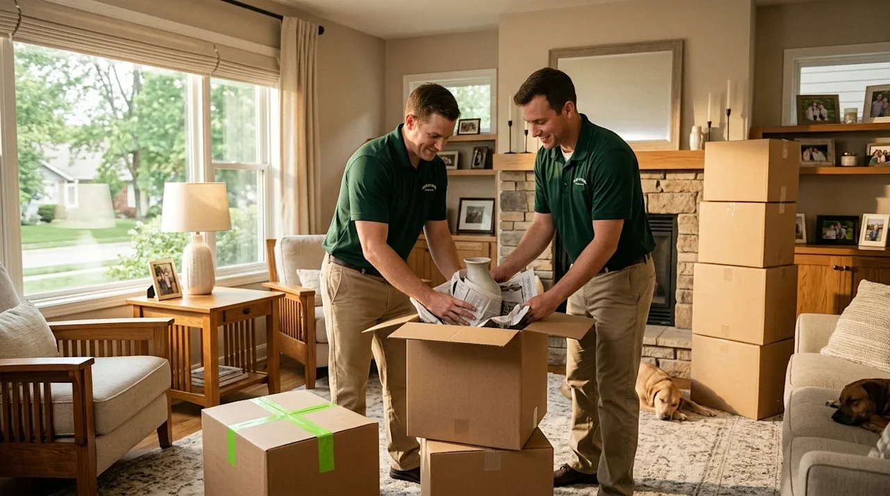 A candid, high-quality lifestyle photograph of professional movers efficiently packing items inside a warm, inviting Midweste