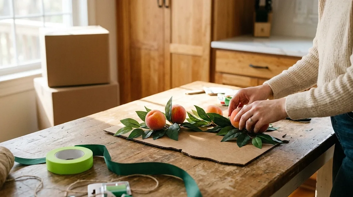 A warm, candid lifestyle photograph of a rustic wooden crafting table set up for a DIY home decor project celebrating Georgia