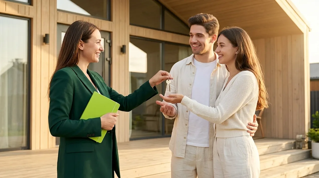 Clear and professional marketing photography of a smiling, welcoming real estate agent handing a set of house keys to a joyfu