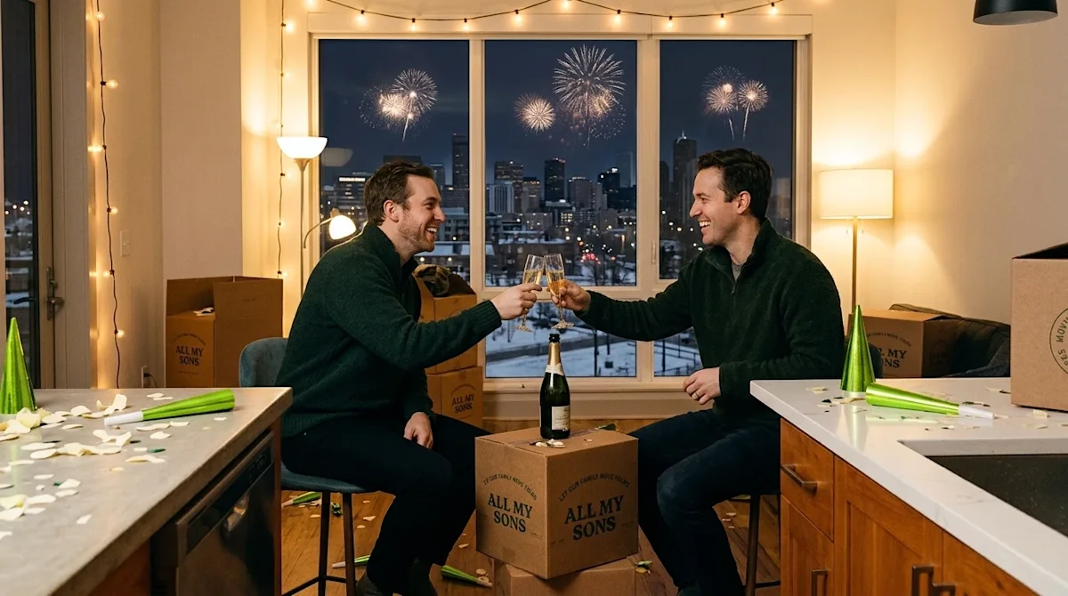 Candid, warm lifestyle photography of a happy couple celebrating New Year's Eve in their newly moved-in Denver apartment. The