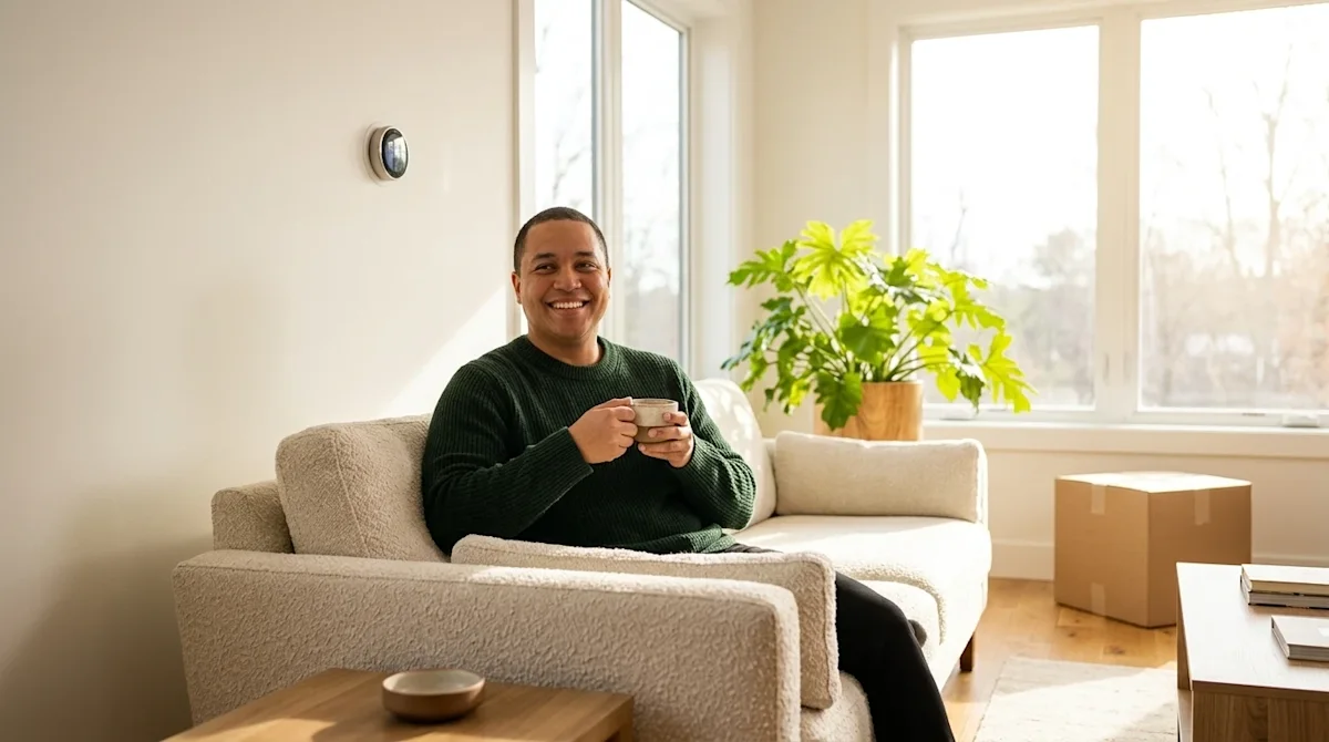 Clear, professional marketing photography of a relaxed, happy homeowner sitting comfortably on a stylish sofa in a bright, su