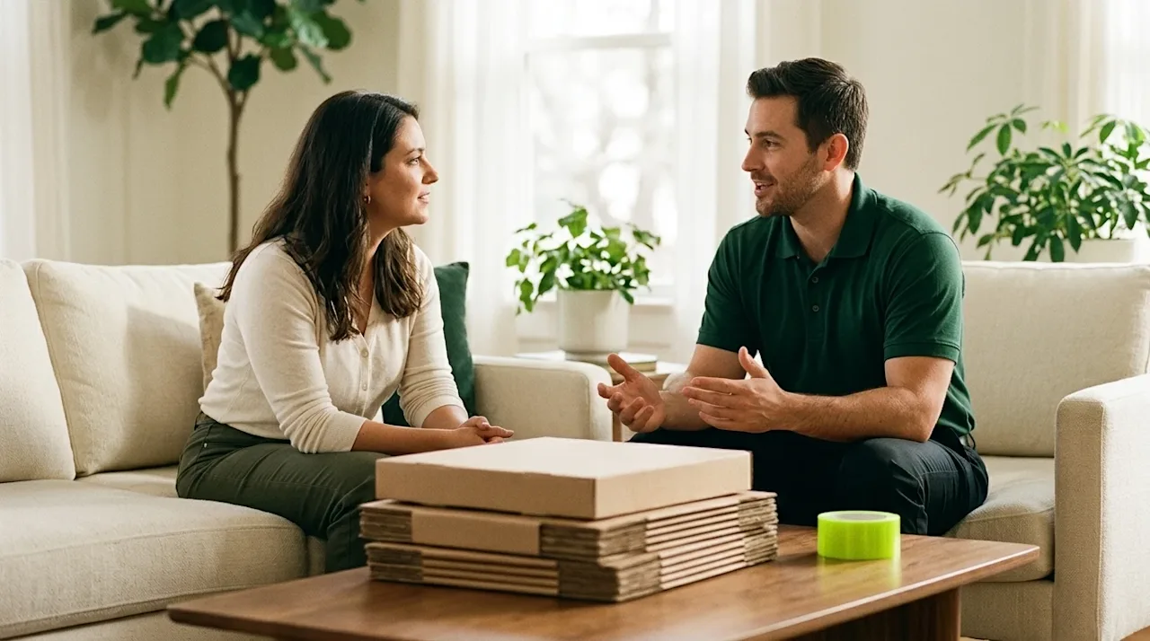 Professional marketing lifestyle photography of a moving consultation in a warmly lit, stylish living room, representing the