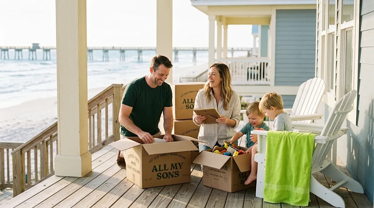 High-quality, bright lifestyle photography of a relaxed, happy family unpacking pristine cardboard moving boxes on the sunny