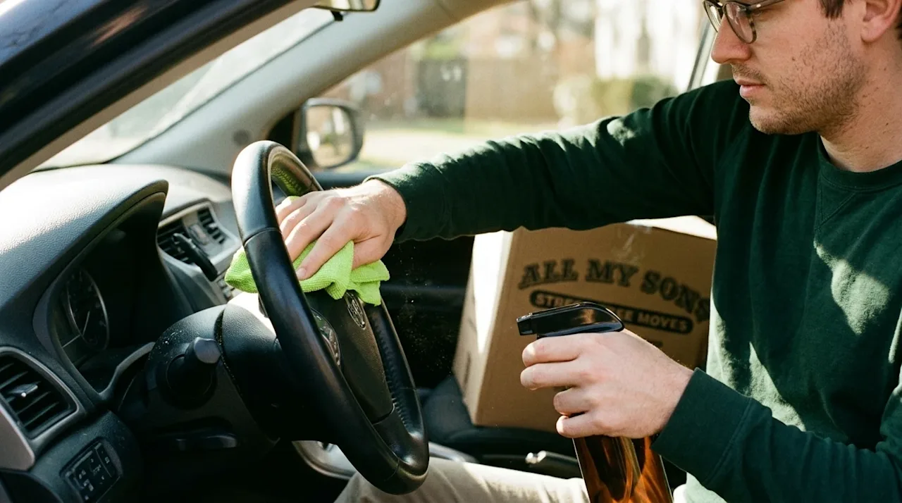 A candid lifestyle photograph of a person cleaning the interior of their car, focusing on hands wiping down the steering whee