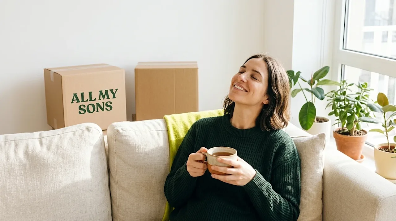 Clear, professional marketing photography of a serene, smiling woman relaxing on a comfortable sofa in a bright, airy living