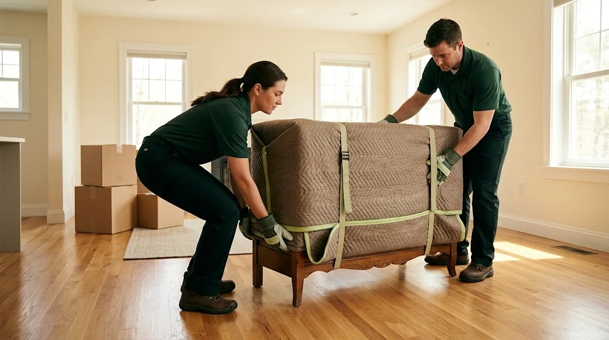 Clear, professional marketing photography of two people safely preparing to move a heavy piece of furniture in a sunlit, mode