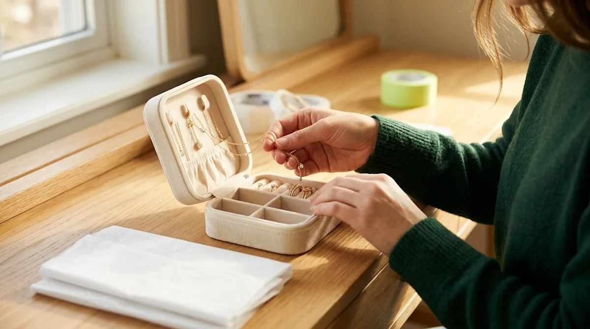 Professional marketing photography, close-up lifestyle shot of a person carefully packing delicate jewelry for a move. Gentle