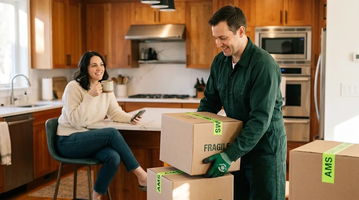 Candid lifestyle photography of a stress-free moving day in a bright, welcoming home interior. A professional full-service mo
